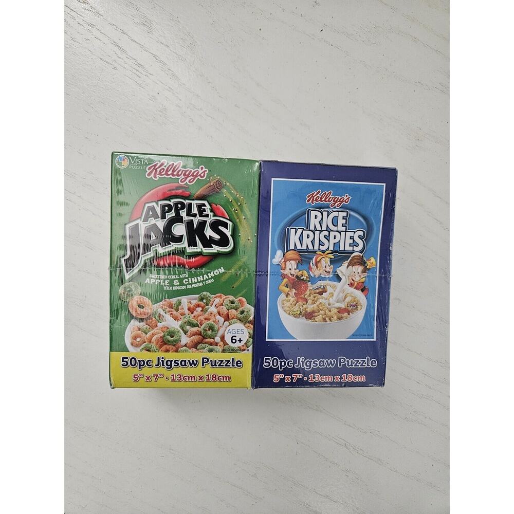 2 Kellogg's Cereal Puzzles 5" x 7" @ 50 Pieces Each Apple Jacks‎ Rice Krispies